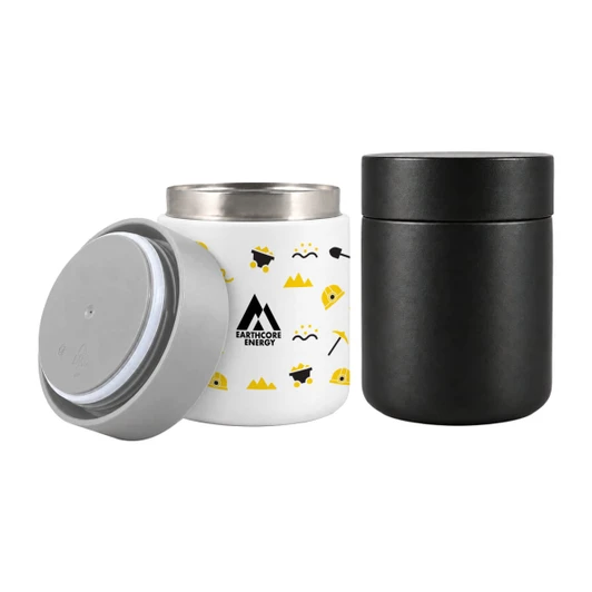 Two food containers are displayed: a white container with colourful patterns and a sleek black container. Both have silver lids.