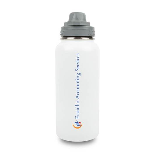 A drink bottle with a white finish, featuring a grey lid and a logo. Suitable for various beverages.