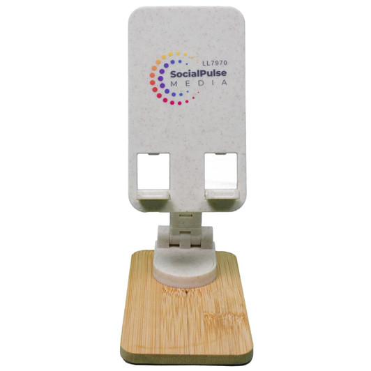A phone stand featuring a natural bamboo base and a light-colored, textured top with a logo.