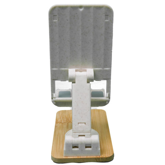 A white phone stand with a bamboo base, designed for holding mobile devices securely.
