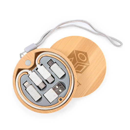 A circular cable set featuring a bamboo case, containing multiple charging cables and connectors for various devices.