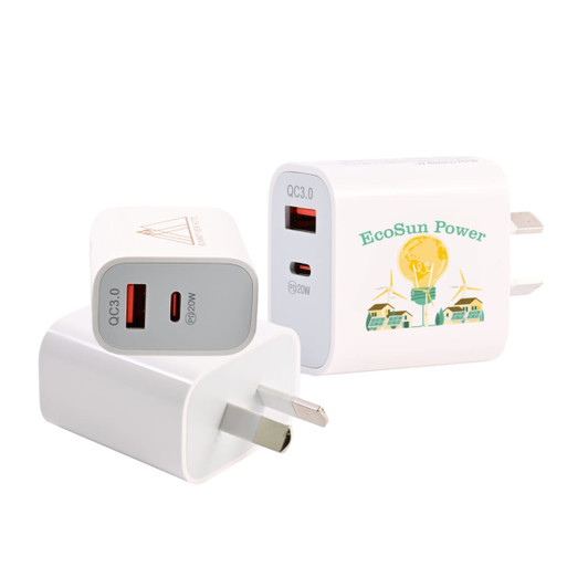 A white wall charger with multiple USB ports and a logo, featuring a compact design suitable for travel.