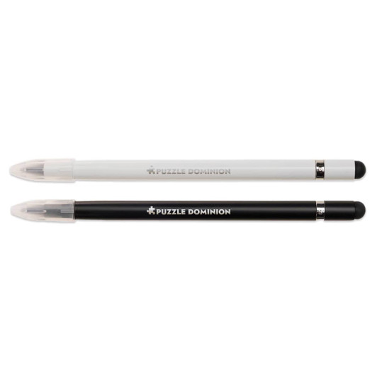 Two Mirage Aluminium Inkless Pens in black and white, featuring the branding "Puzzle Dominion" near the grip.