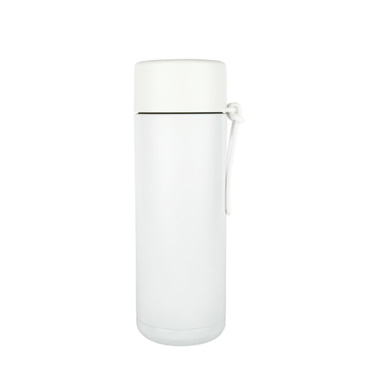 A drink bottle in white with a grey lid and a holder strap. It features a logo on its surface.