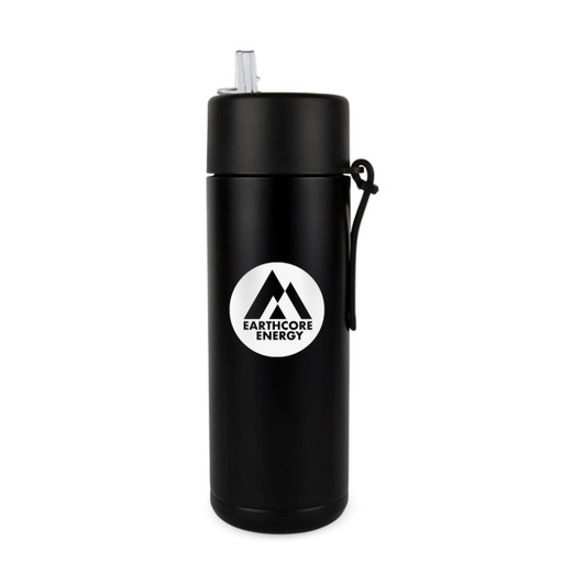 A drink bottle featuring a sleek black design with a logo and a straw lid. It holds 600ml.