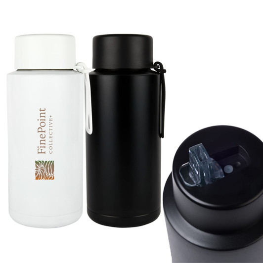 A drink bottle featuring white and black steel designs with a logo and a flip-top lid for easy access.