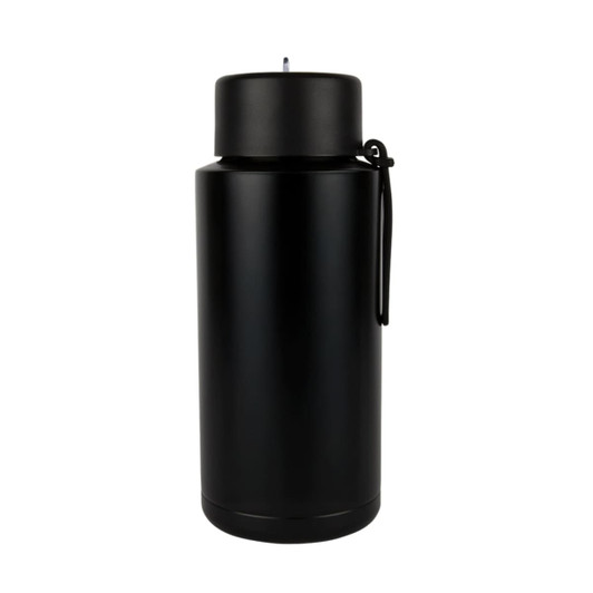 A drink bottle in matte black finish, featuring a sleek design and a logo. Ideal for hydration on the go.