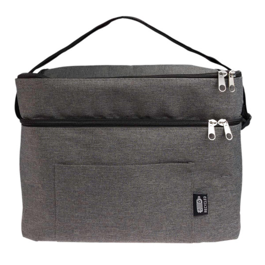 A grey cooler bag with dual zippered compartments and a front pocket, featuring a logo.