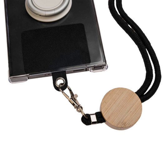 A black neck lanyard connects to a phone case with a wooden attachment, showcasing a sleek and functional design.