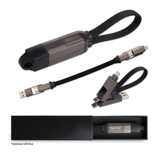 A multi-functional charging cable in grey and black, featuring a compact design with multiple connectors.