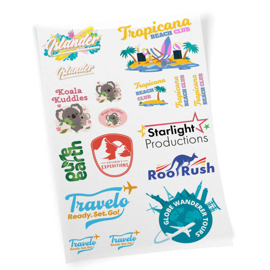 A sheet of colorful promotional transfers featuring various logos and designs in multiple styles.
