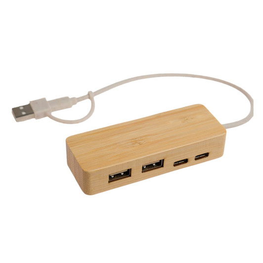 A USB hub made of bamboo featuring three USB ports and a USB-A cable.
