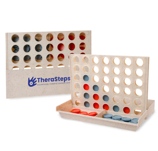 A two-sided board game in beige with red and blue discs, featuring a logo. Ideal for fun and games.