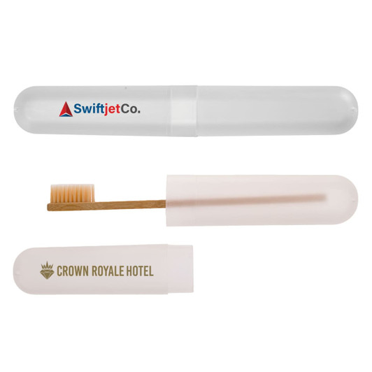 A clear toothbrush case with a wooden toothbrush inside. It features logos on the exterior.