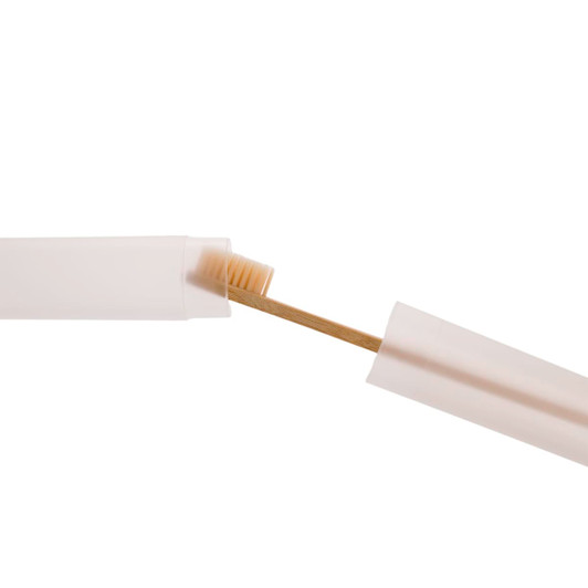 A toothbrush case with a translucent design, partially open to reveal a toothbrush inside.