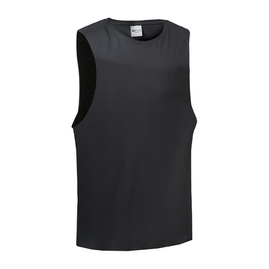 A unisex black tank top with sleeveless design, featuring a simple style and logo.
