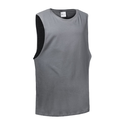 A grey unisex tank top with sleeveless design. It features a seamless blend of fabric and includes a logo.