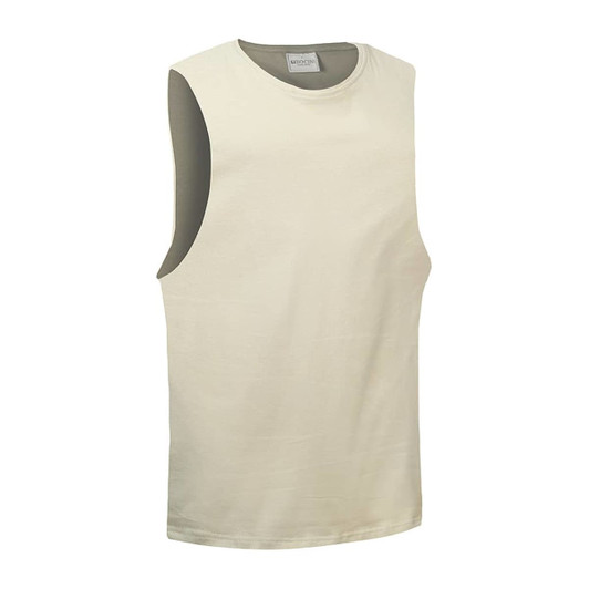 A unisex cream tank top with sleeveless design and a logo on the label.