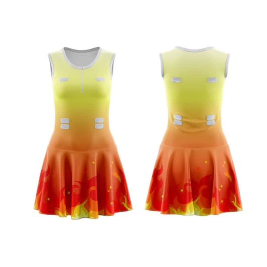 A women's full-skirt netball dress in yellow and orange with a flame design, featuring a zip and a logo.