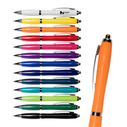A collection of plastic pens in various colours, including orange, white, blue, purple, pink, green, and black, featuring a logo.