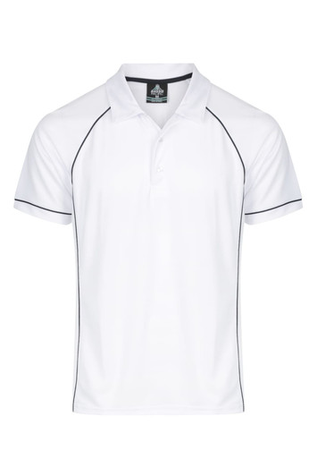 A white polo shirt featuring black piping and a logo at the collar. Short-sleeved design.