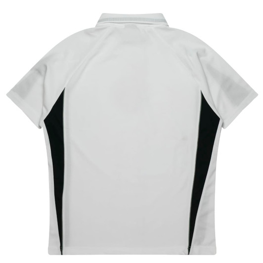 A white polo shirt with black side panels and a collar. It features branding on the fabric.