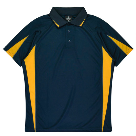 A navy blue polo shirt with yellow accents and a collar, featuring a logo on the chest.