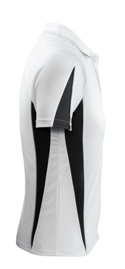 A white and black polo shirt featuring a logo, designed with contrasting side panels.