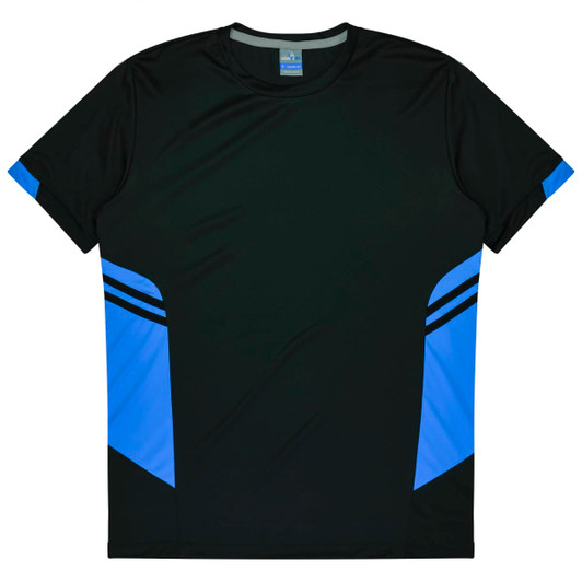A black and blue T-shirt featuring a logo, designed for kids and promoting active wear.