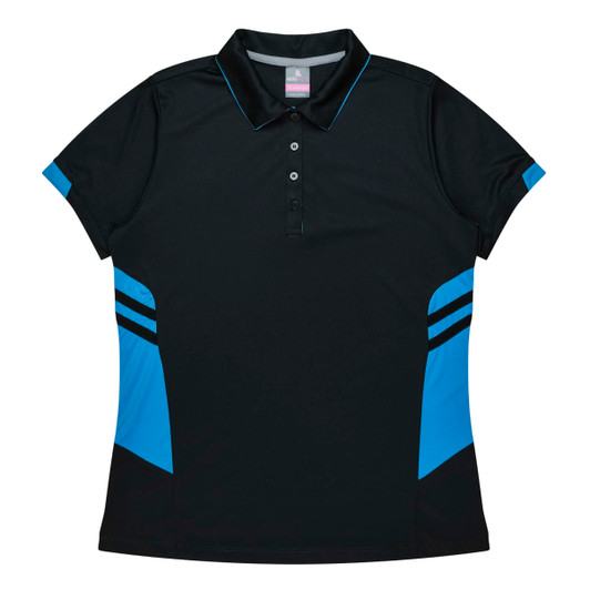 A black polo shirt with blue panels and a logo, featuring a classic collar and button placket.