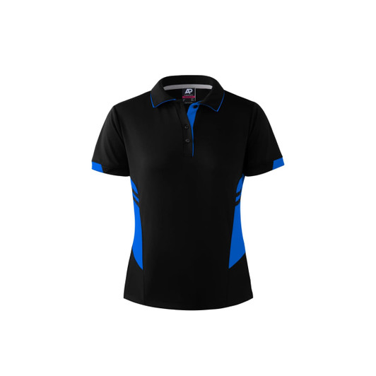A black polo shirt for women with blue accents and a logo on the collar. Features a classic button-up design.