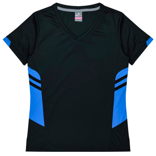 A black women's t-shirt with blue accents and a V-neck design, featuring brand logos.