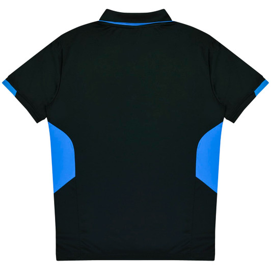 A black polo shirt with blue accents on the sides and a collar, featuring a logo on the front.