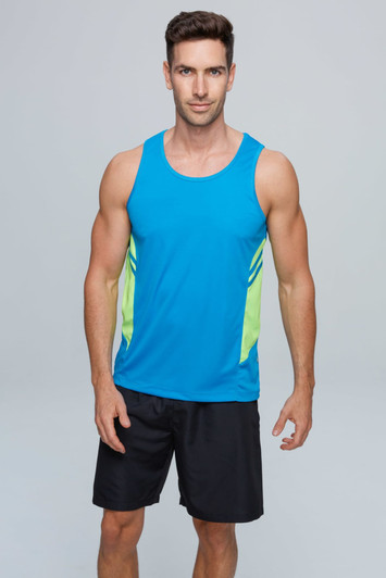 A bright blue singlet with lime green accents, worn by a model in black shorts. The singlet features a logo.