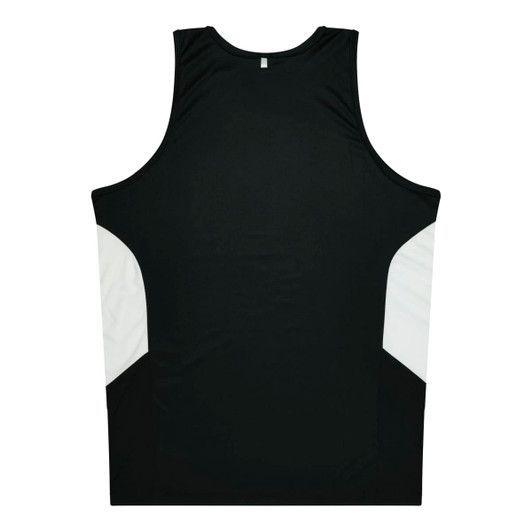 A black singlet with white side panels and a logo at the back.