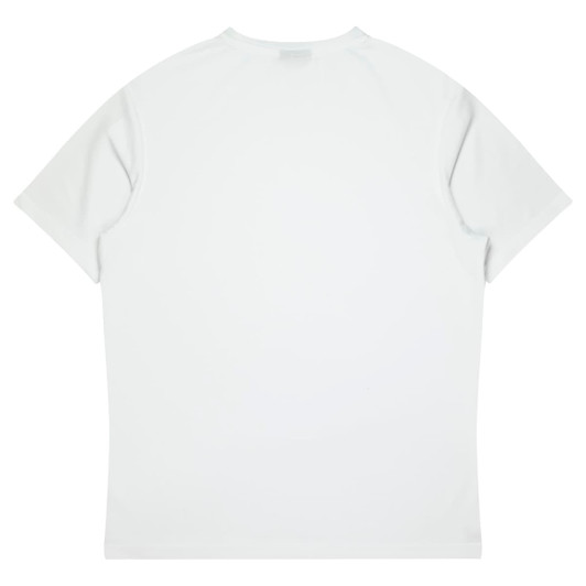A plain white T-shirt featuring short sleeves and a simple design, with a brand logo on the label.