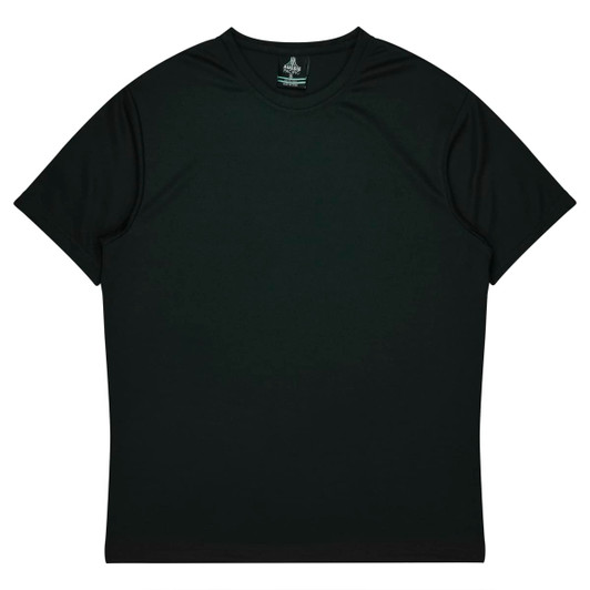 A dark green t-shirt with a loose fit and short sleeves. The shirt features a logo on the inside label.