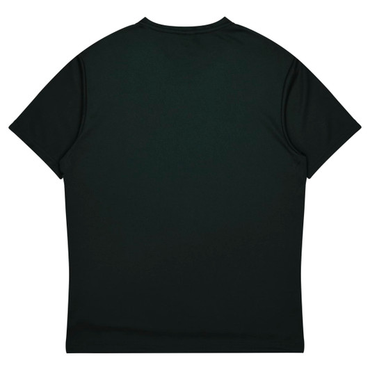 A dark green T-shirt with a crew neck and short sleeves, displaying a plain back. Features a logo at the neck.
