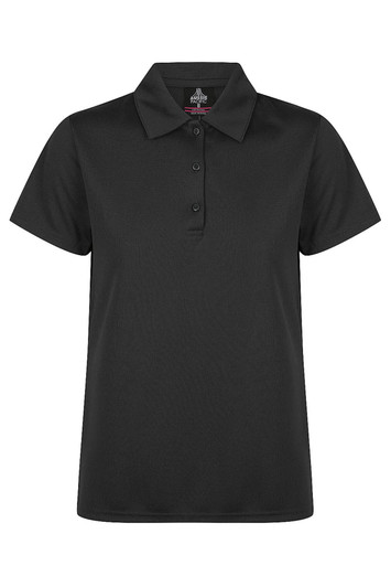 A black polo shirt featuring a classic collar and button placket, designed for a polished look.