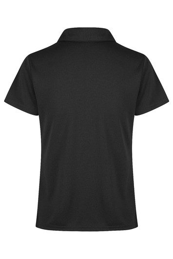 A black polo shirt with a classic collar and short sleeves. Features a logo on one side.