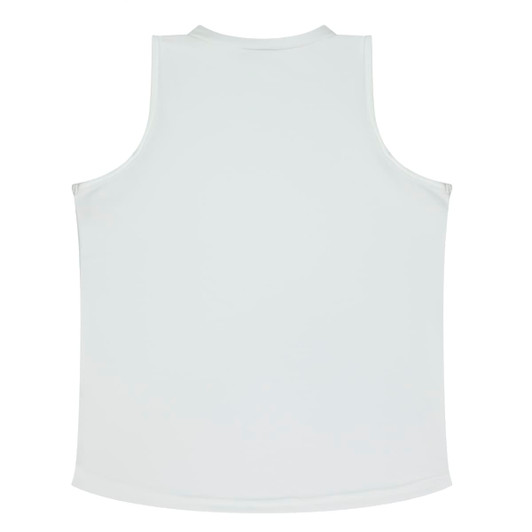 A plain white singlet with a smooth fabric finish, featuring a simple design and no visible branding.
