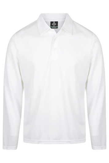 A white long-sleeve polo shirt featuring a collar and a logo. Suitable for casual wear or active use.