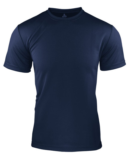 A navy blue men's t-shirt featuring short sleeves and a round neckline, with branding on the collar.