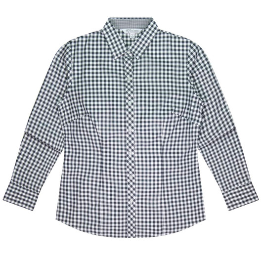 A long-sleeve button-up shirt featuring a black and white check pattern, with a collar and a logo.