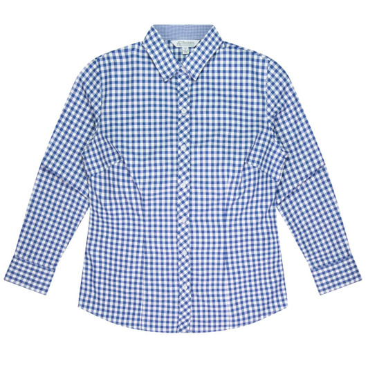 A blue and white checkered long sleeve button-up shirt, featuring a collar and a logo.