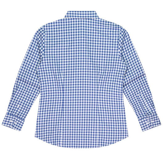 A long-sleeve button-up shirt in blue and white checked pattern, featuring a classic collar and a logo.