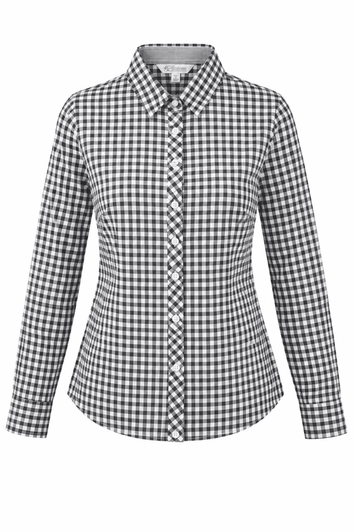 A long-sleeve button-up shirt in black and white gingham check pattern, featuring a collar and a branded logo.
