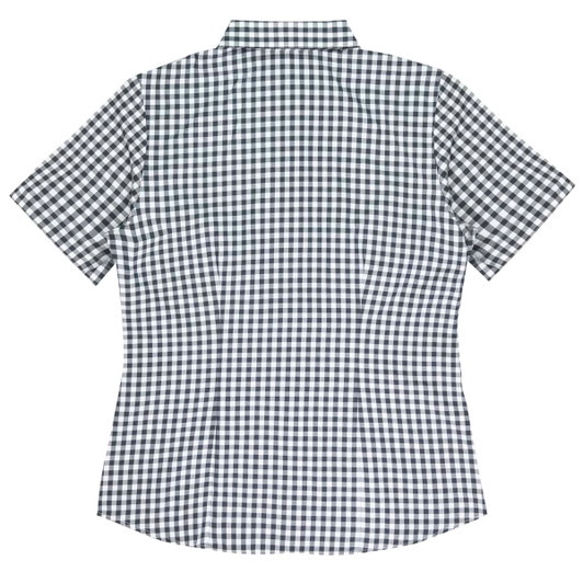 A short-sleeve button-up shirt featuring a navy and white gingham pattern and a collar, with a logo on the back.