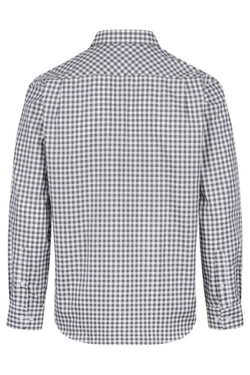 A long sleeve button-up shirt featuring a grey and white checkered pattern, with a back view showcasing its collar and stitching.