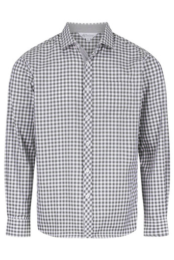A long-sleeved button-up shirt in a black and white check pattern, featuring a branded logo.
